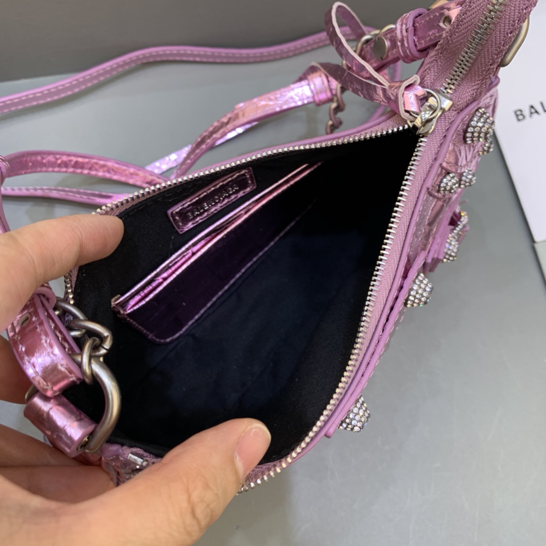 Balenciaga Le Cagole Mini Bag With Chain Crocodile Embossed Rhinestones Shoulder Bag Purple 